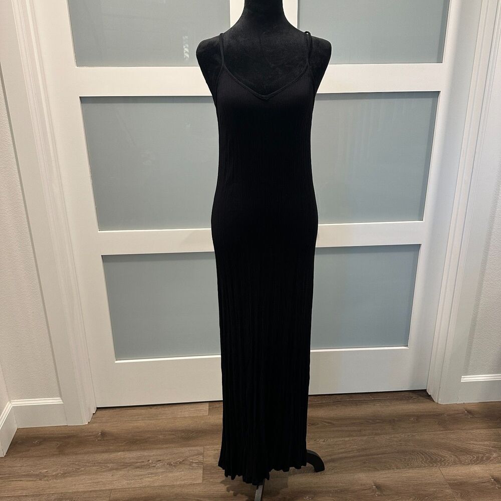 Ella Moss / Splendid Black Plisse Crinkle Cross Back Maxi Slip Dress Size S
